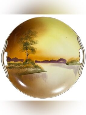 Antique 1920s Nippon Japan Hand-Painted Platter Art Deco Sunset Lakeside Scenery